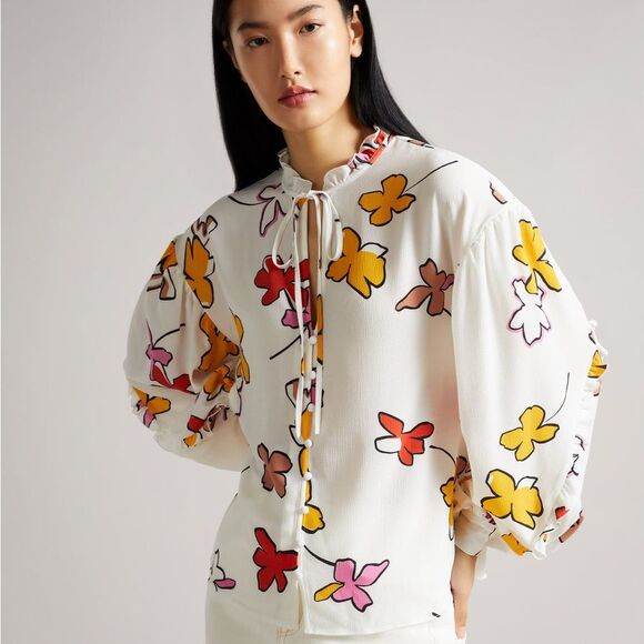 Ted Baker London Thurso Floral Print Stretch Woven Balloon Sleeve Blouse Size 4 - Picture 1 of 15